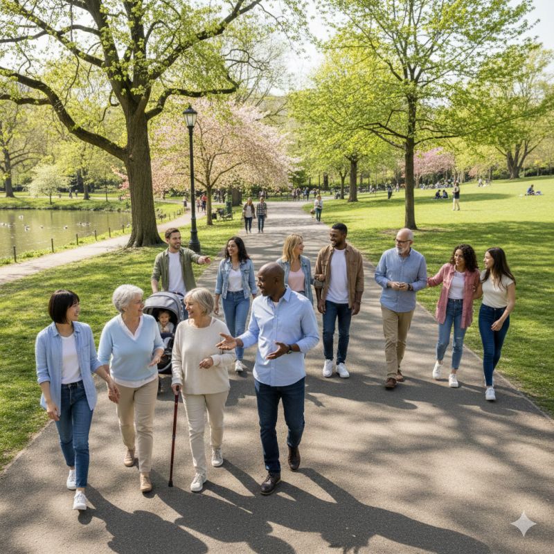 Illustration of a diverse, multi-generational group walking together through a sunny park