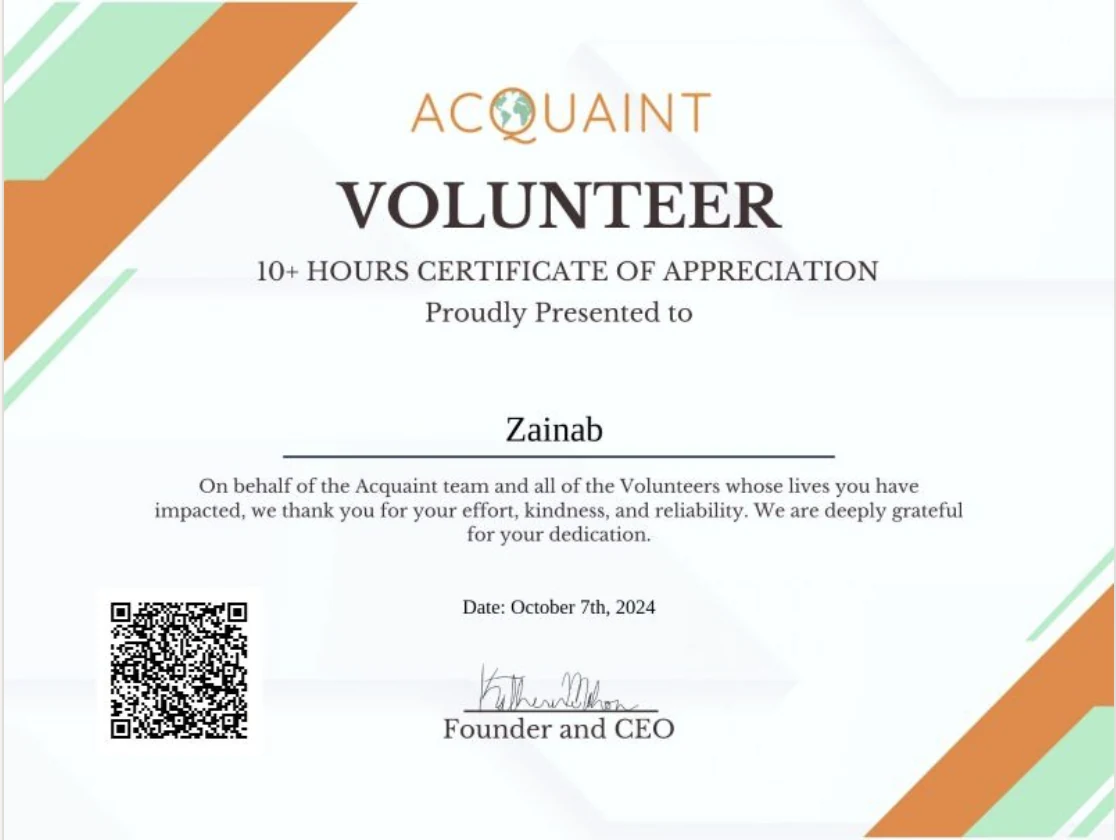 Sample Acquaint volunteer certificate of appreciation for 10+ hours.