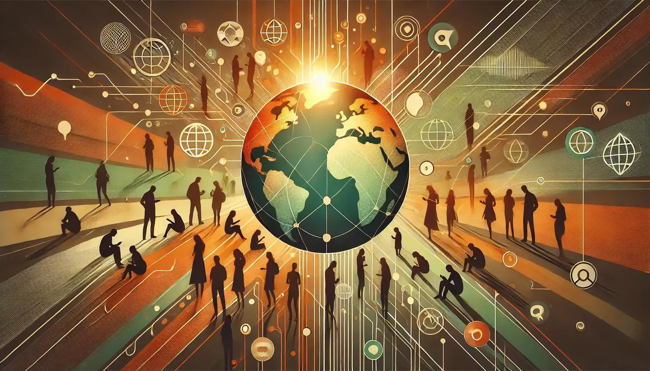 Illustration of people from around the world gathered around a glowing globe, linked by lines of connection.