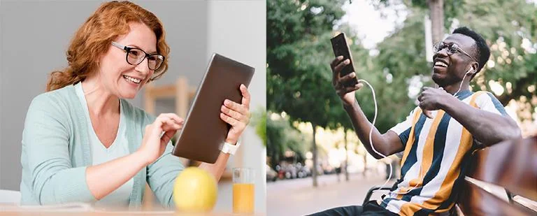 Two Acquaint volunteers smiling during their sessions: a woman at home with a tablet, and a man outdoors with a phone and earphones.