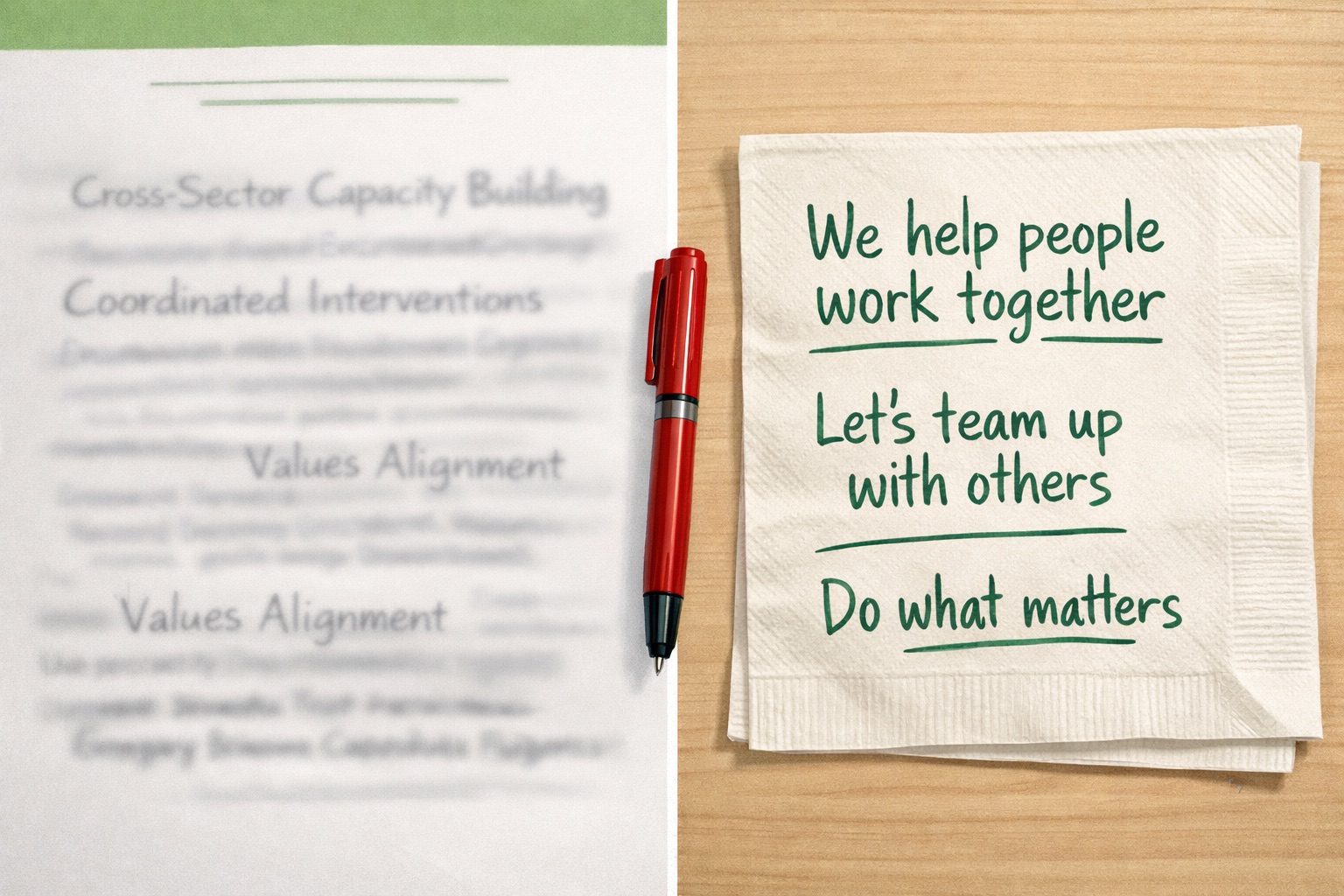 Split image: corporate jargon on letterhead versus plain language on a napkin