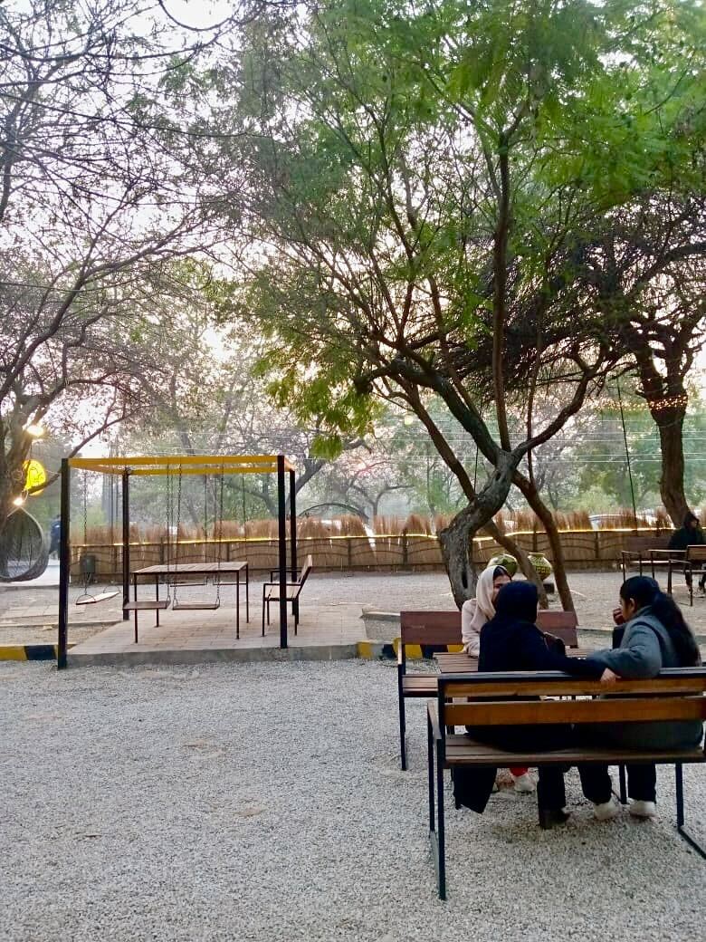 Friends sitting together at a park bench, talking