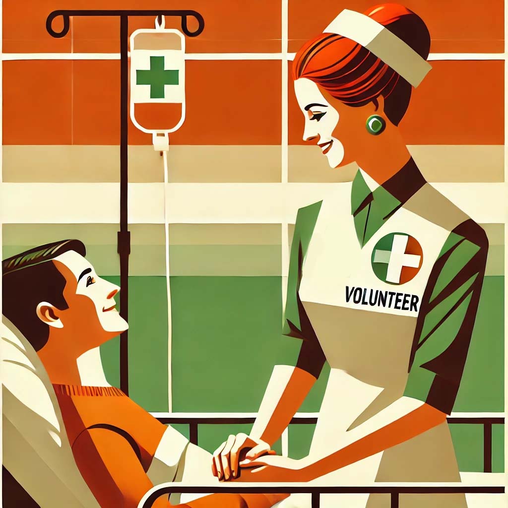 Volunteer assisting a patient at a hospital